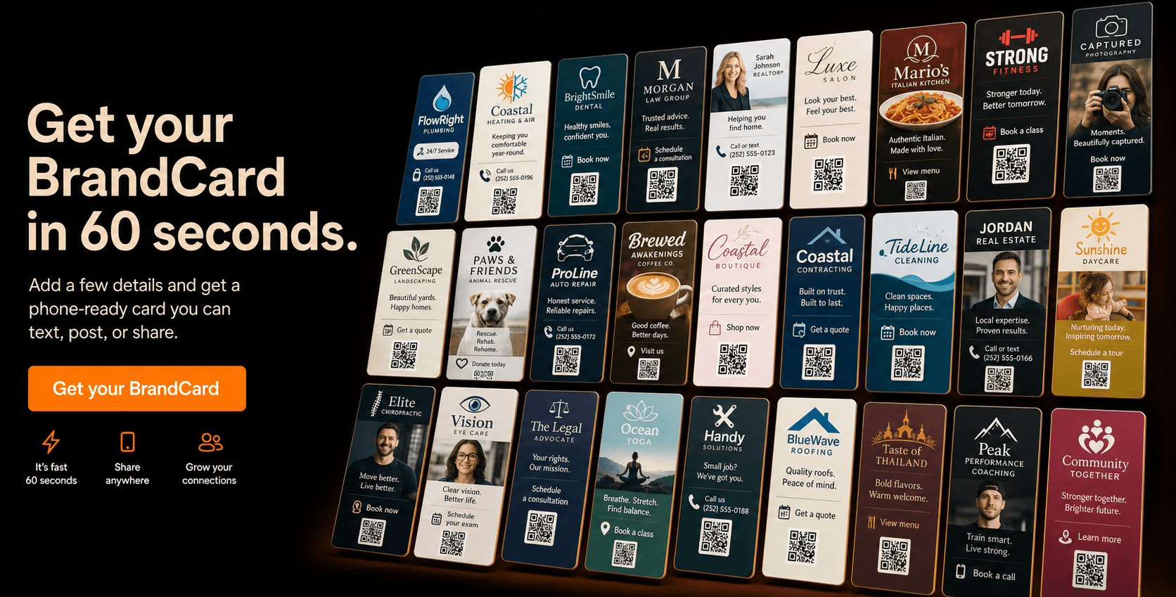 A wall of example BrandCards for different businesses with the message Get your BrandCard in 60 seconds.